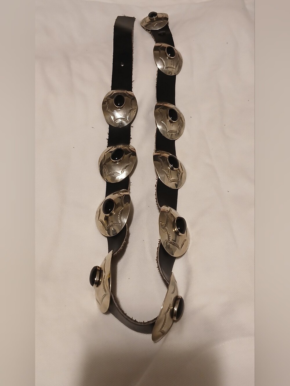 Vintage Southwestern Nickel Silver Black Onyx Leather Concho Belt 36" Size Small